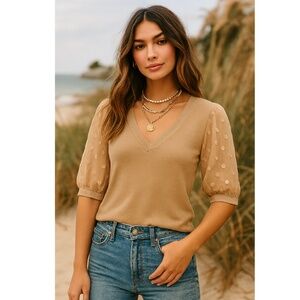 Adrianna Papell Women Top XLarge Beige V-Neck Pullover Sweater Sheer Swiss Dots